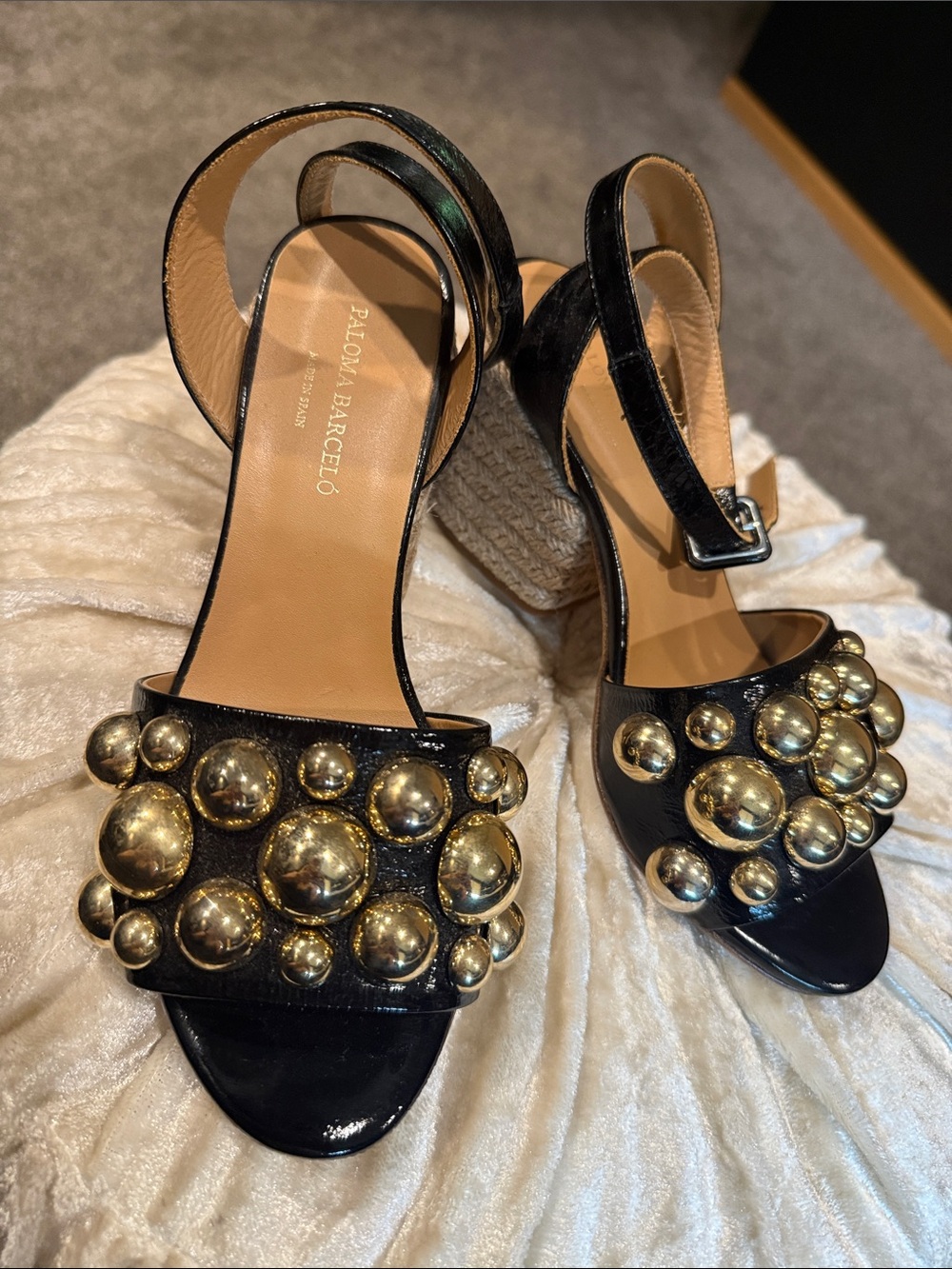 Paloma Barcelo Black Leather Studded Wedge Sandals with Gold Orbs